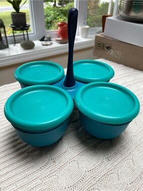 Tupperware Blossom Table 4-Bowl Condiment Server in blue and teal